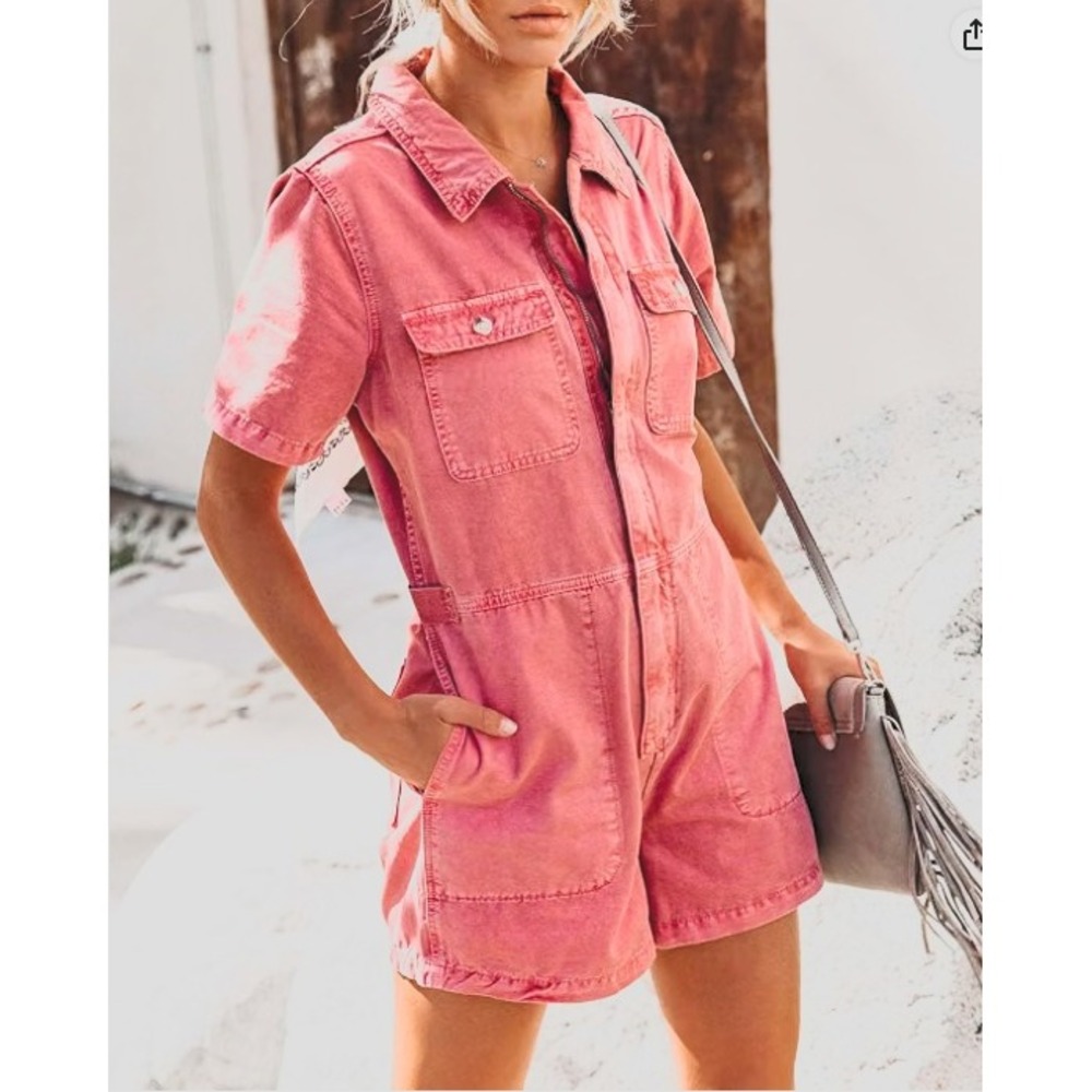 Womens Pink Acid Wash Denim Utility Romper Short Sleeve Zip Front Jumpsuit M
